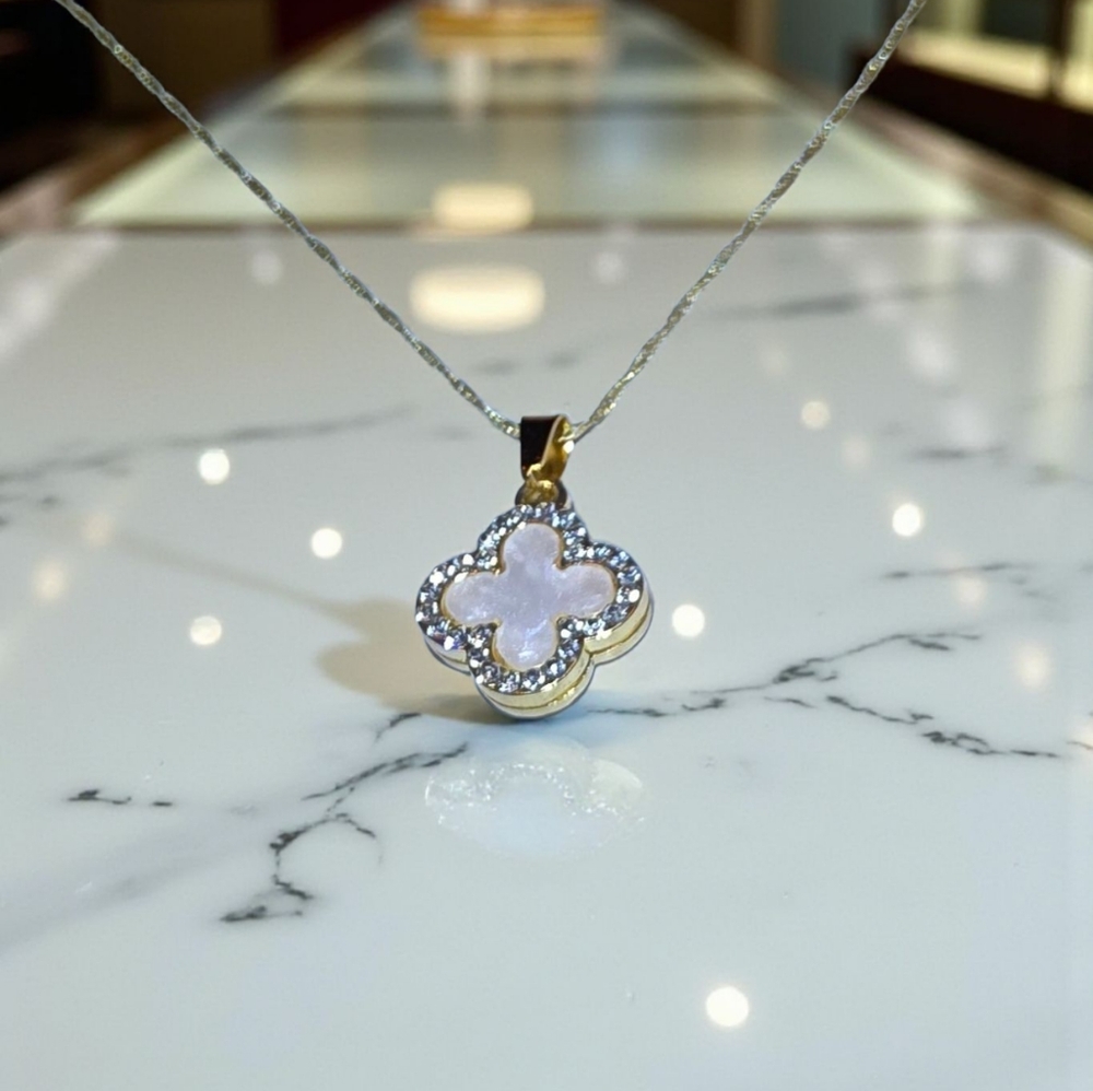 SALE!! Reversible Four Leaf Clover 16K Gold-Filled and Zirconia Necklace